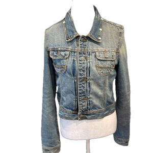 Ezra Fitch button cropped medium wash L distressed  jacket with panel inserts